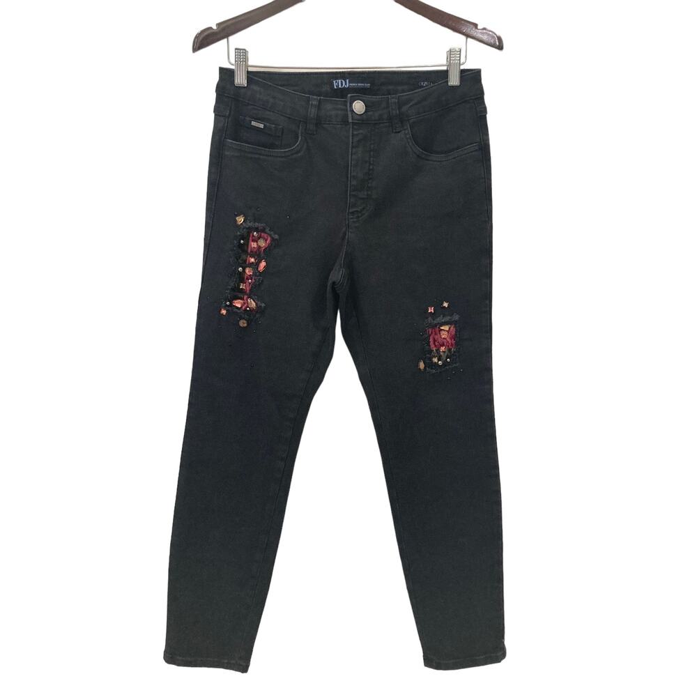 FDJ French Dressing Jeans Black Olivia Floral Embellished Mid Rise Jeans Size 10
